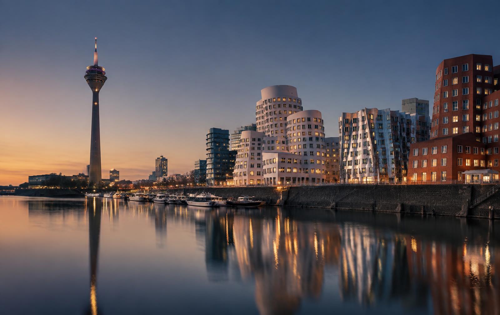 Medienhafen Düsseldorf zur blauen Stunde mit geschwungenen Gebäuden des Neuen Zollhofs und dem Rheinturm, gespiegelt im Wasser