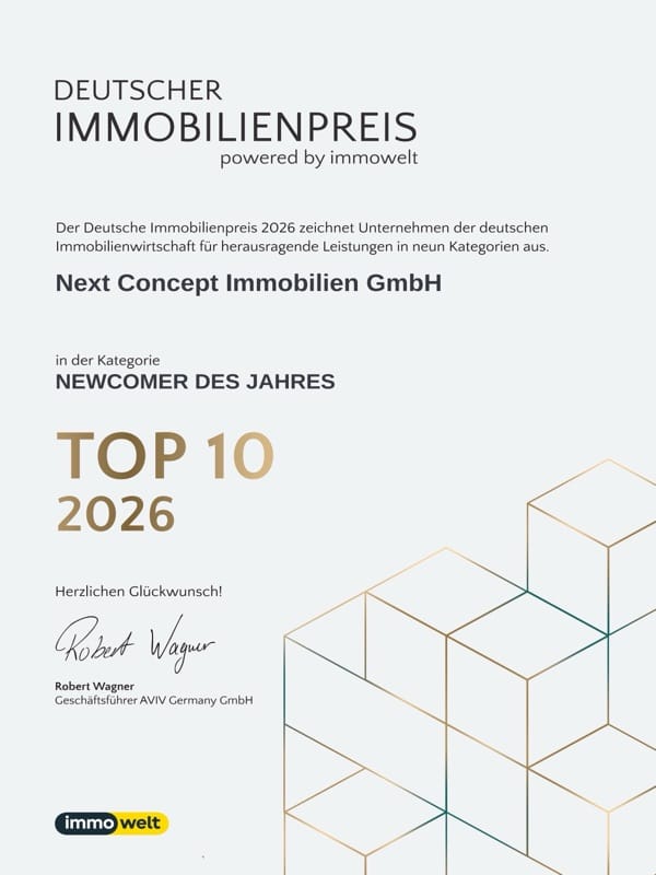 Urkunde Deutscher Immobilienpreis 2026: Next Concept Immobilien Top 10 Newcomer des Jahres