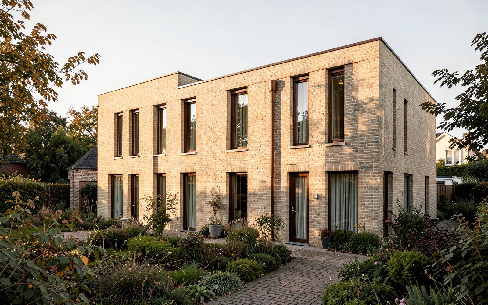 Moderne Villa aus handgeformtem hellen Ziegel mit schlanken Fensterlaibungen und Bronzedetails im Abendlicht