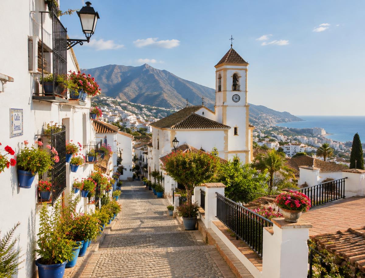 Weiße Gassen von Benalmádena Pueblo mit Kirchturm und Meerblick