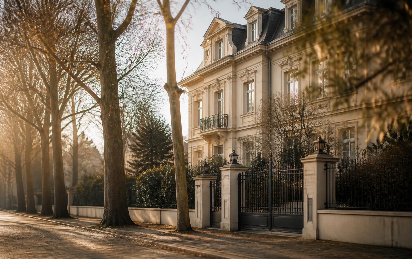 Gründerzeitvilla mit Stuckfassade und schmiedeeisernem Tor hinter alten Kastanien an einer Allee in Düsseldorf-Benrath im Abendlicht