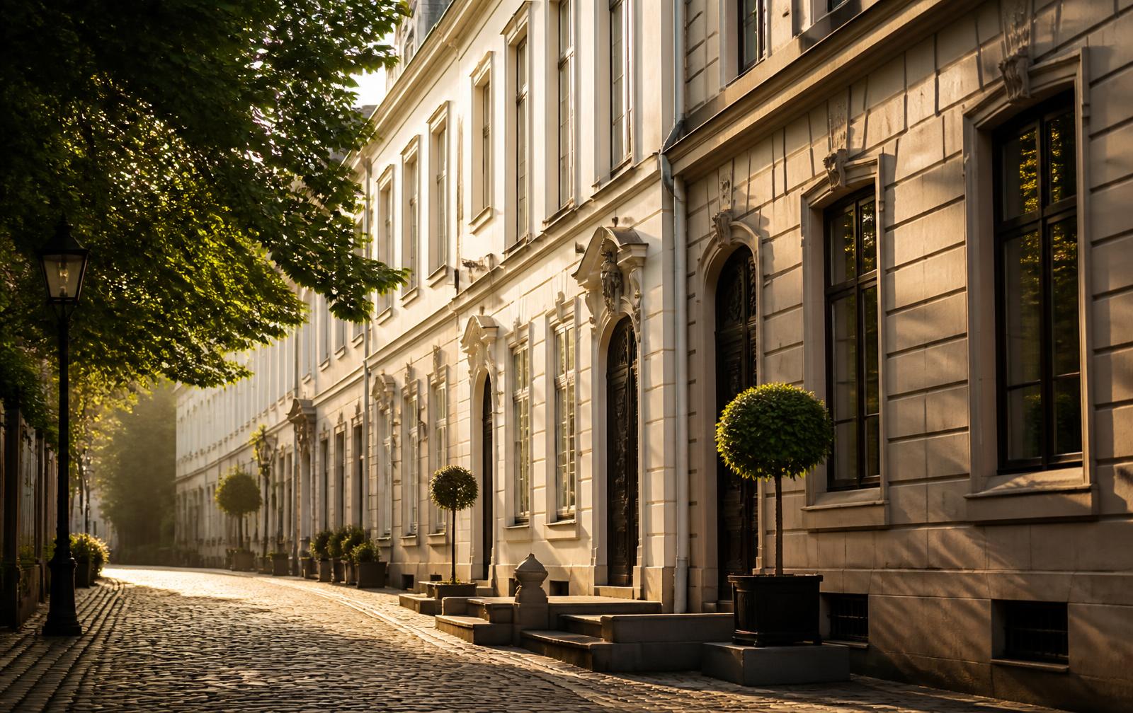 Klassizistische Stadthausfassaden an einer Kopfsteinpflasterstraße in der Düsseldorfer Carlstadt im Morgenlicht