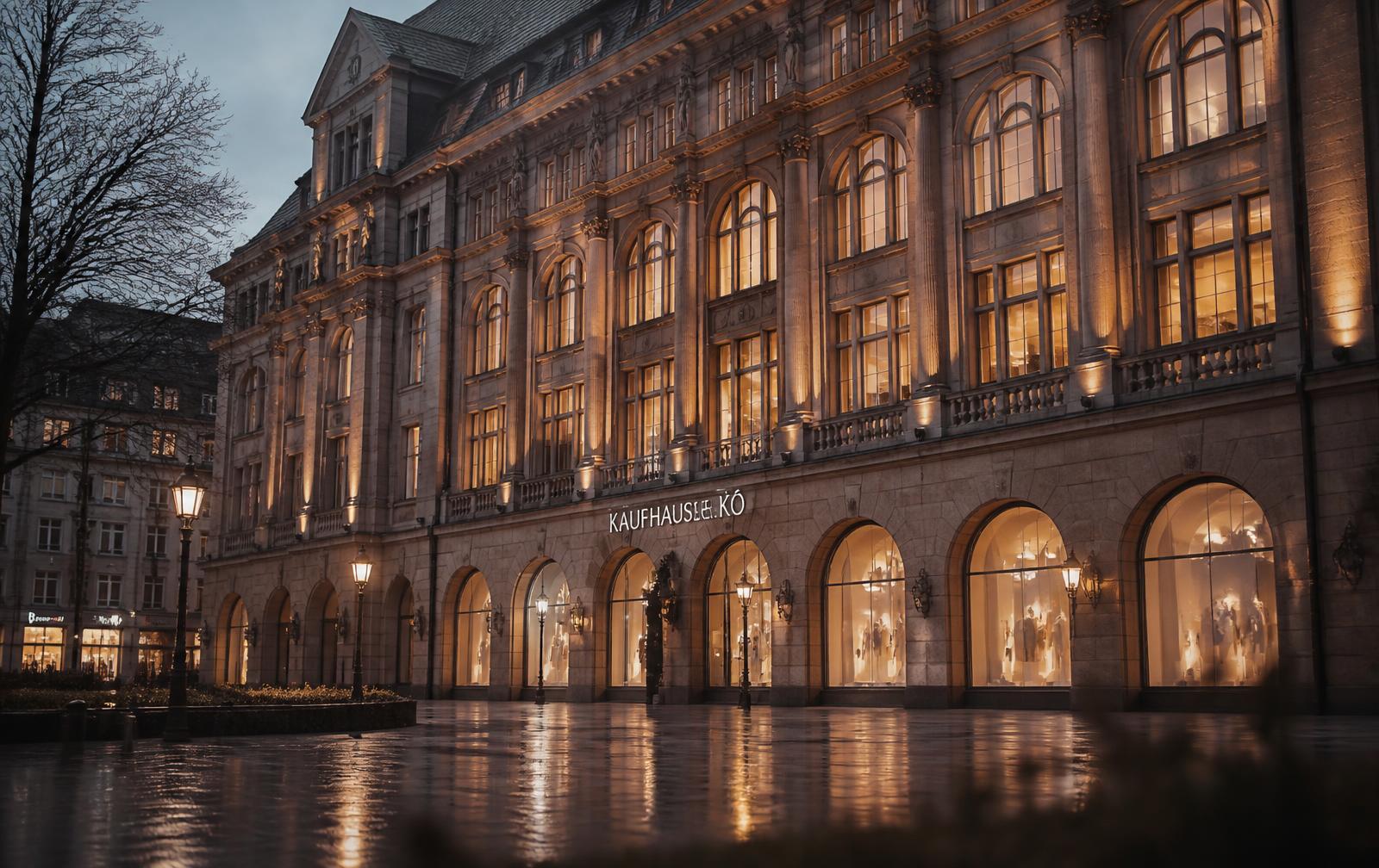 Historische Kaufhausfassade in der Düsseldorfer Innenstadt zur blauen Stunde mit warm beleuchteten Bogenfenstern