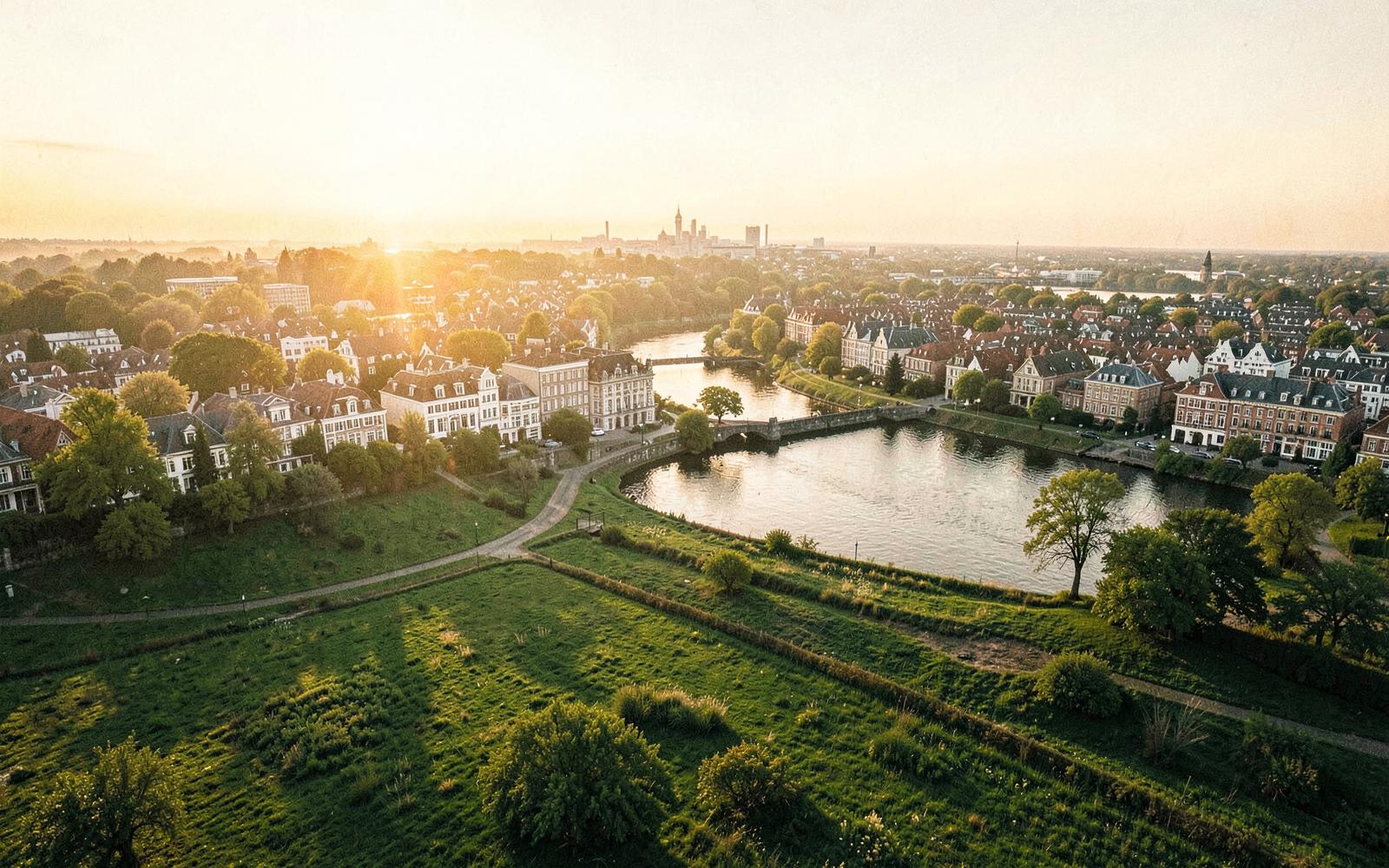 Luftbild der Rheinschleife bei Düsseldorf mit Wiesen, Villenlagen und Skyline im Abendlicht