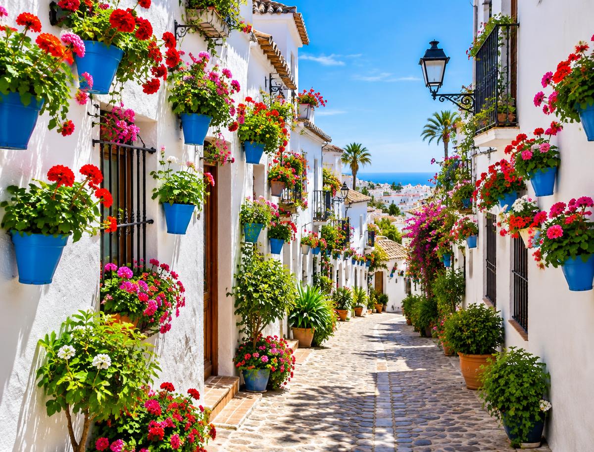 Blumengeschmückte Altstadtgasse in Estepona mit weißen Häusern und blauen Blumentöpfen