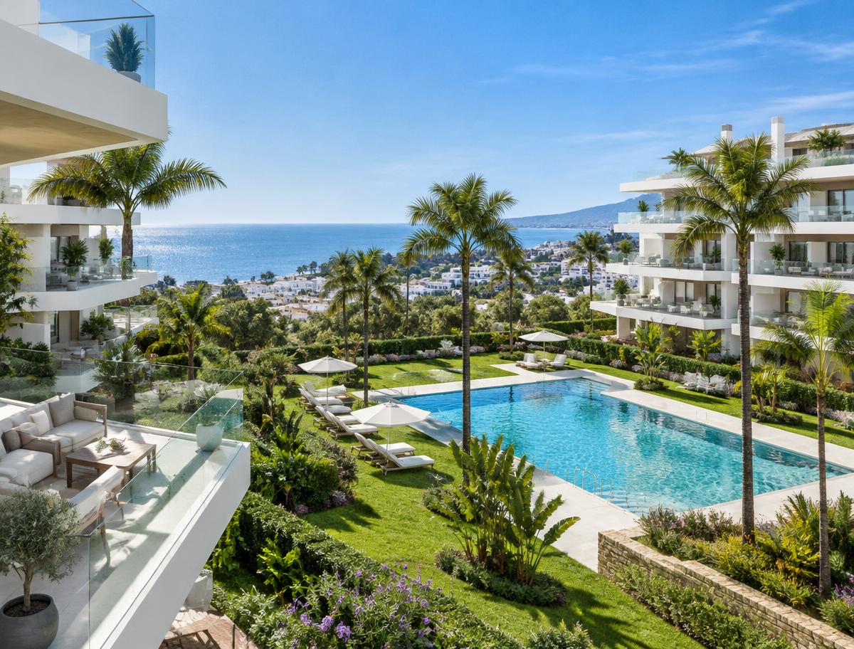Moderne Neubau-Wohnanlage mit Pool, Gärten und Meerblick in Estepona