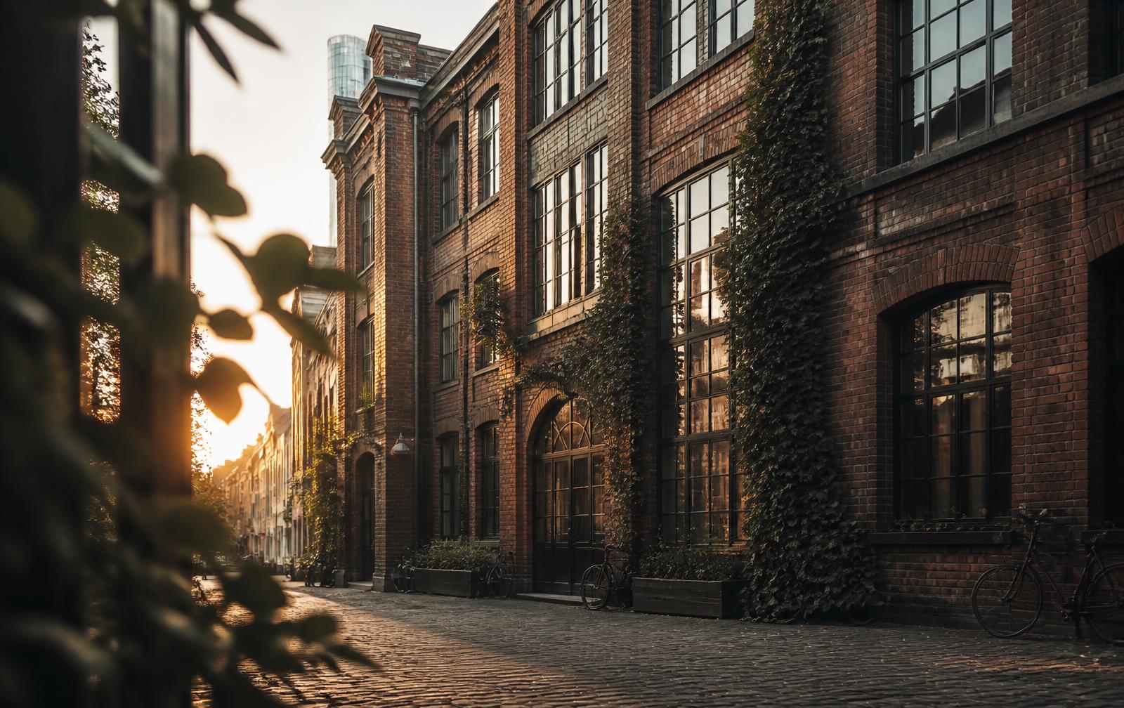 Umgenutztes Backstein-Fabrikgebäude mit hohen Sprossenfenstern und Efeu an einer Kopfsteinpflasterstraße in Düsseldorf-Flingern im Abendlicht