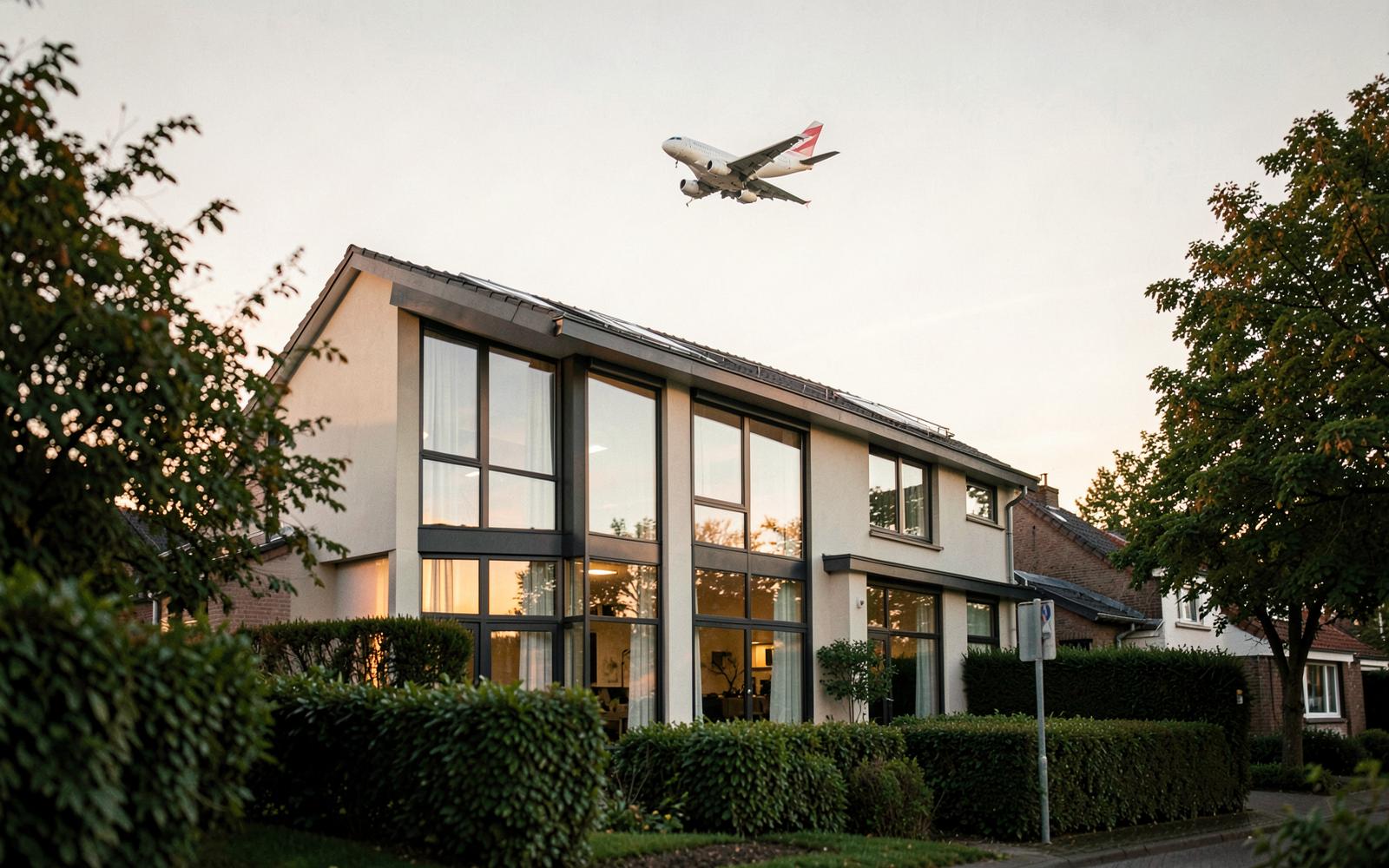 Modernes Einfamilienhaus mit großen Fensterflächen hinter Hecken im Düsseldorfer Norden, Flugzeug hoch am Abendhimmel