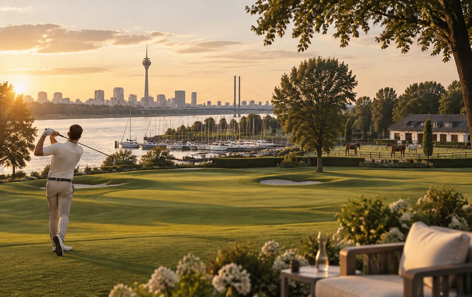 Golffairway im Abendlicht mit Blick auf den Rhein, einen Yachthafen und die Düsseldorfer Skyline mit Rheinturm
