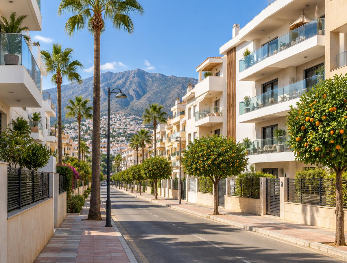 Ruhige Wohnstraße mit modernen Gebäuden und Orangenbäumen in Los Boliches, Fuengirola