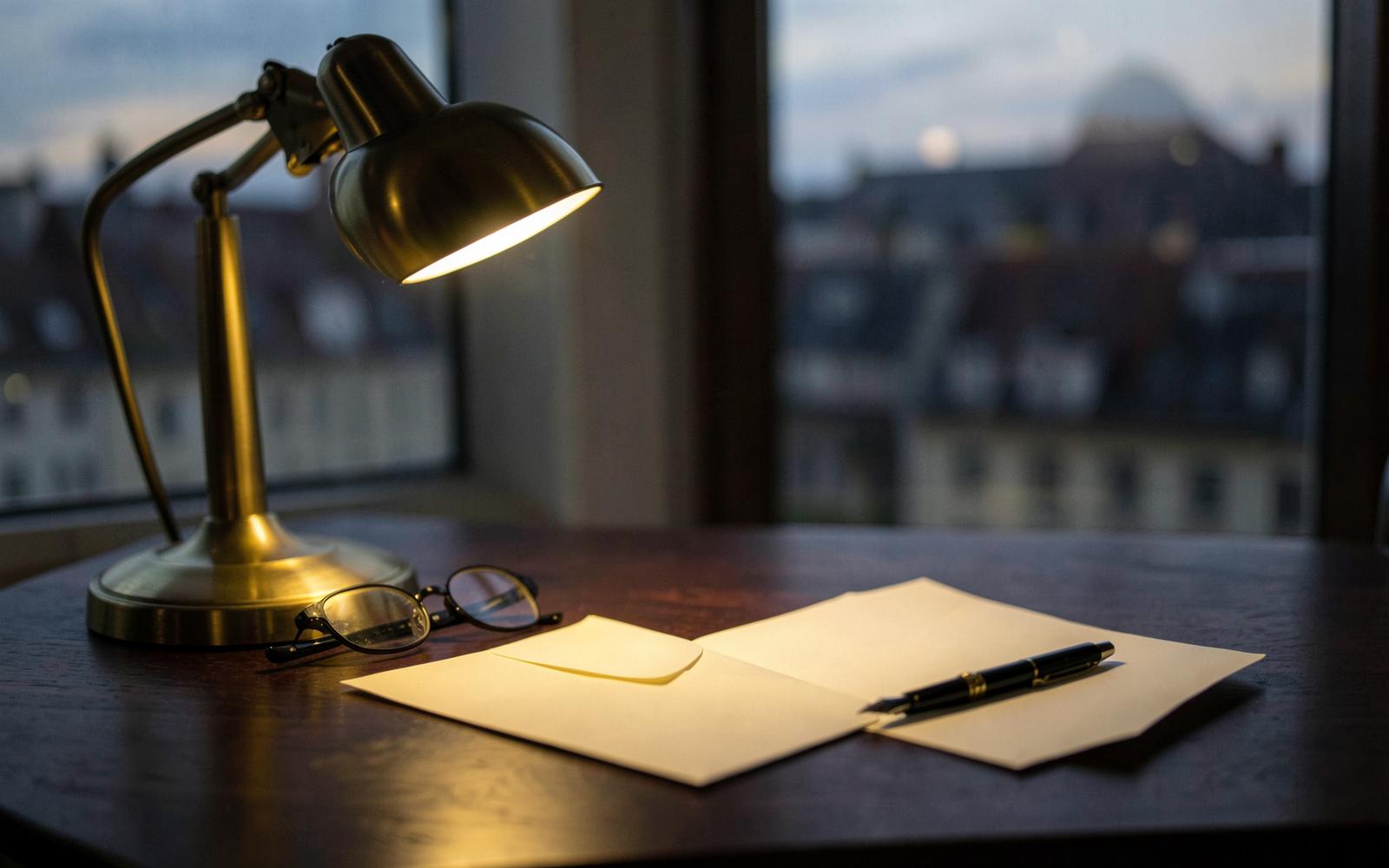 Schreibtisch mit Messinglampe, Brille und Brief am Fenster über Düsseldorfer Dächern in der Dämmerung