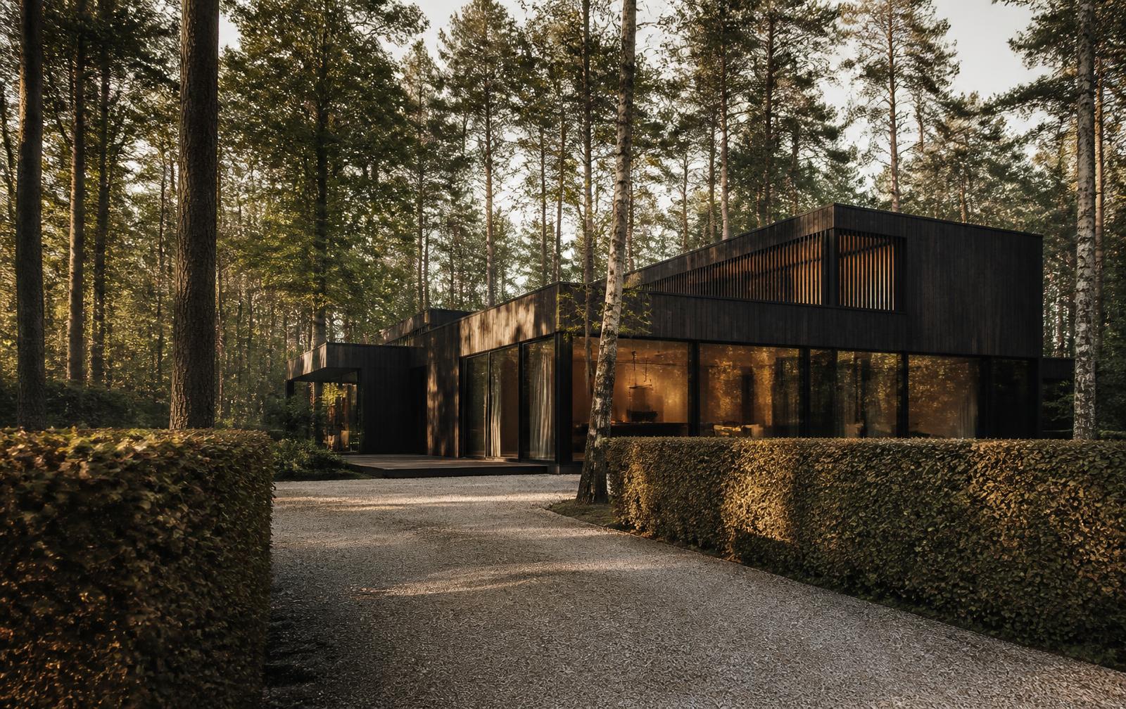 Moderne Waldvilla mit dunkler Holzfassade und großen Glasflächen hinter Hainbuchenhecke am Ende einer Kiesauffahrt