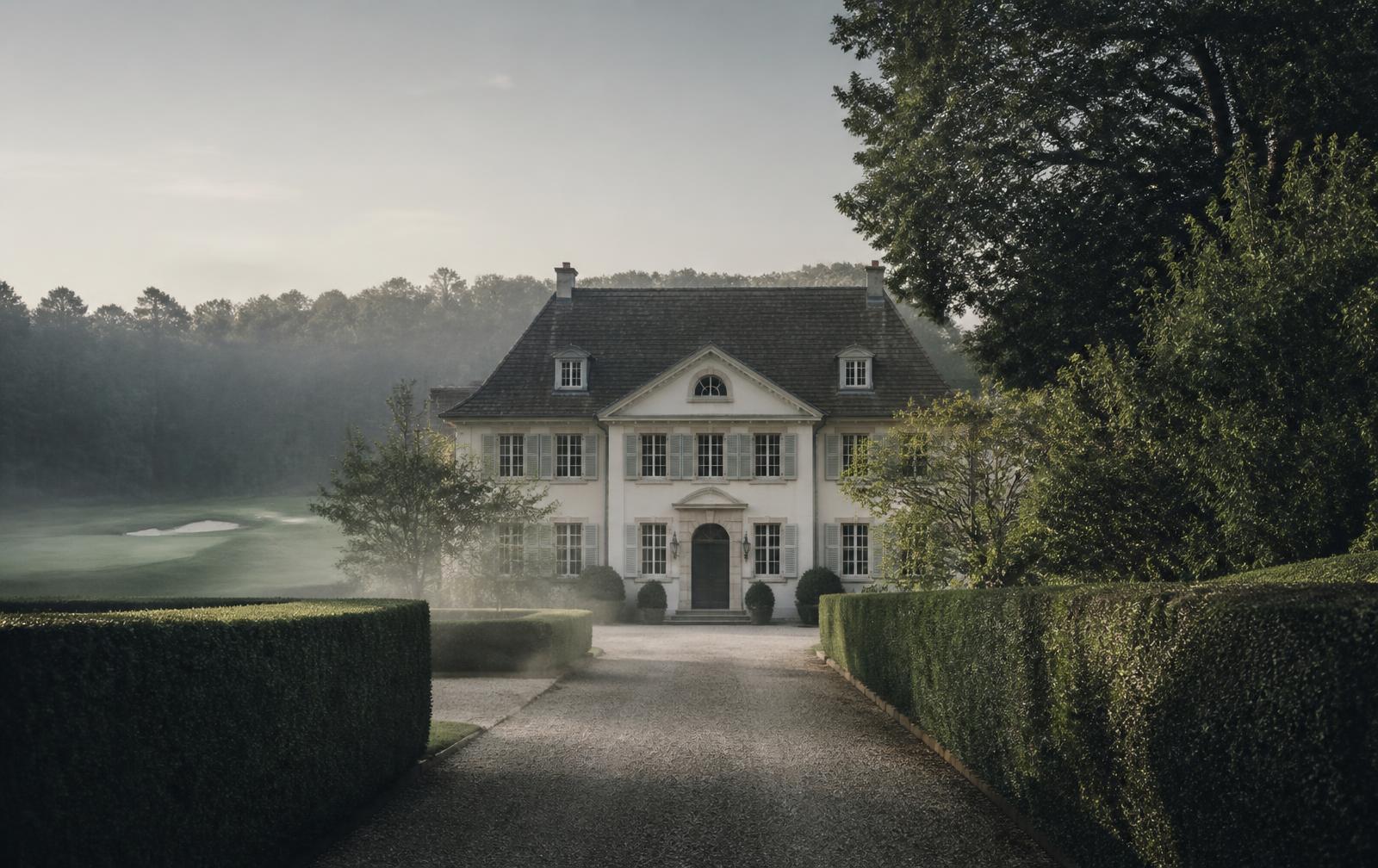 Landhaus-Anwesen mit Kieszufahrt und geschnittenen Hecken am Rand eines Golfplatzes in Hubbelrath bei Düsseldorf im Morgennebel