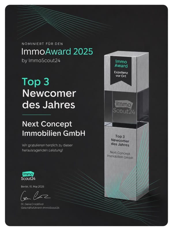 ImmoAward 2025 by ImmoScout24: Next Concept Immobilien Top 3 Newcomer des Jahres