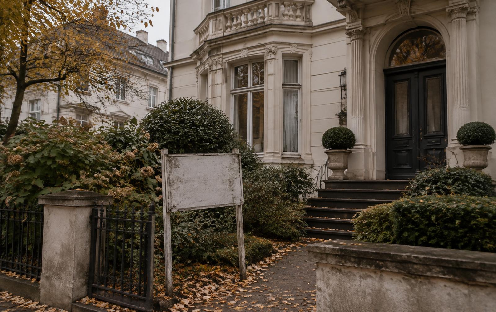 Stadthaus mit verwittertem Verkaufsschild im Vorgarten – Symbol für eine lange Standzeit am Markt