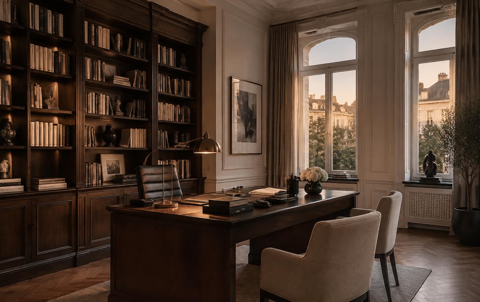 Arbeitszimmer mit dunkler Einbaubibliothek, Schreibtisch aus Nussbaum und Messingleuchte in einem Düsseldorfer Altbau im Abendlicht