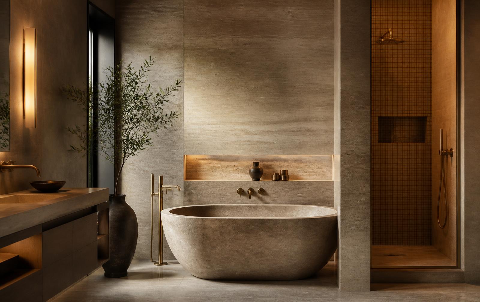 Spa-Bad mit Travertinwänden, freistehender Steinwanne, Glasmosaik in der Duschnische und Messingarmaturen