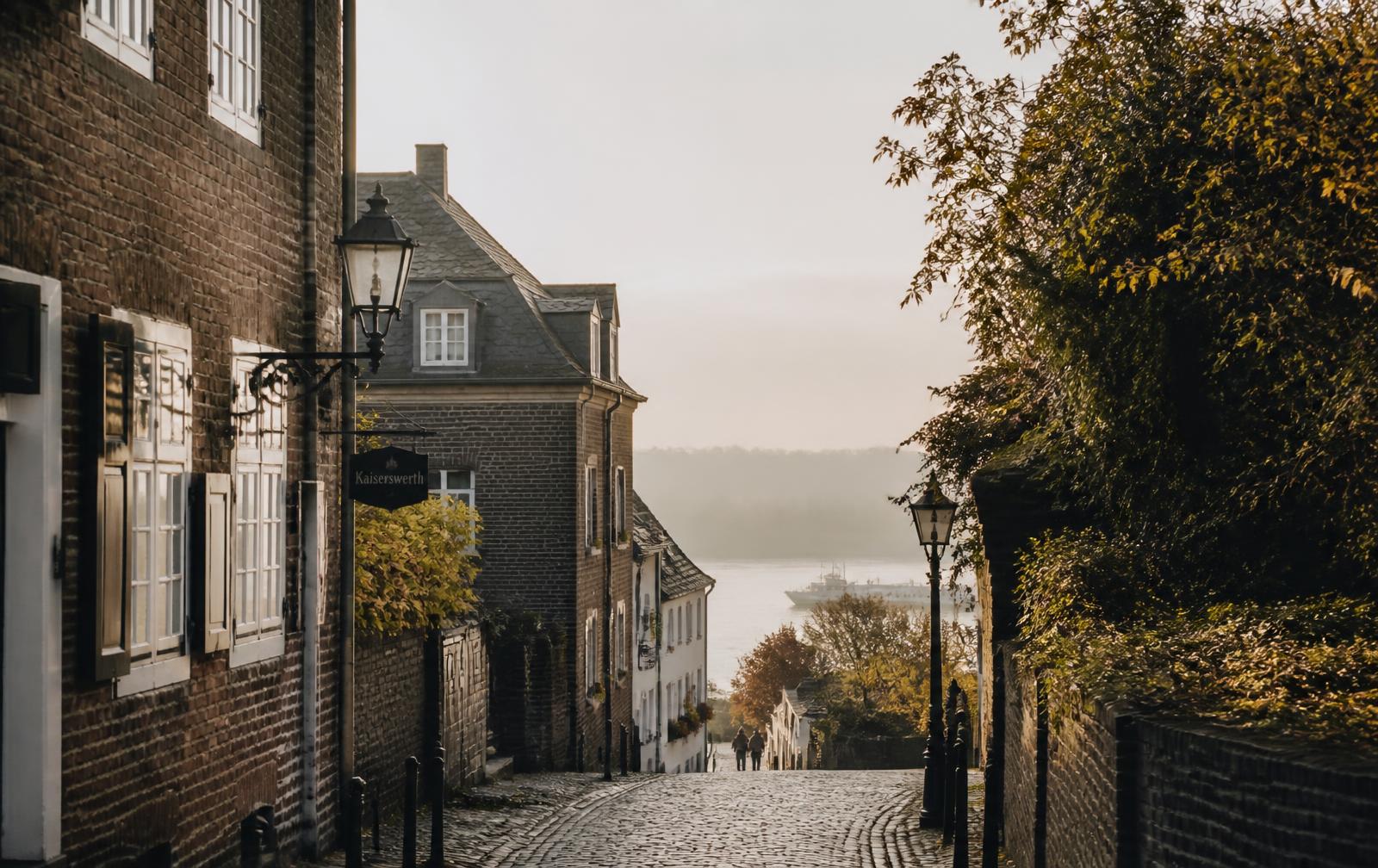 Historische Gasse in Düsseldorf-Kaiserswerth mit Blick auf den Rhein im Morgenlicht