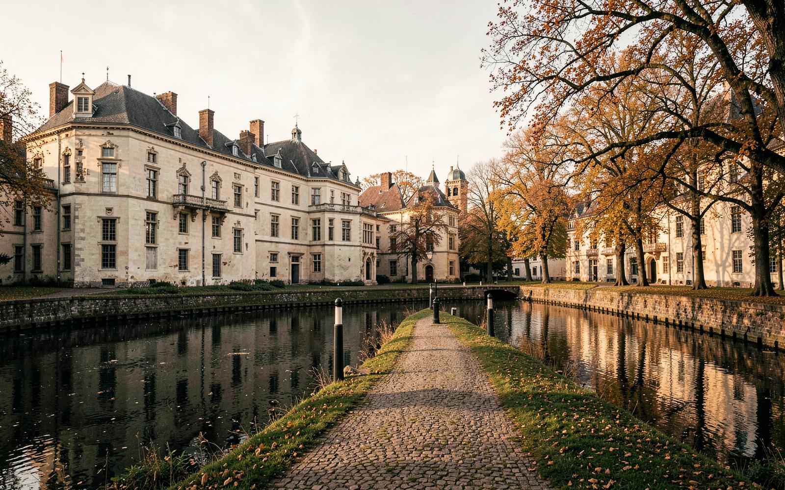 Wasserschloss Kalkum mit Wassergraben und alter Baumallee im warmen Abendlicht