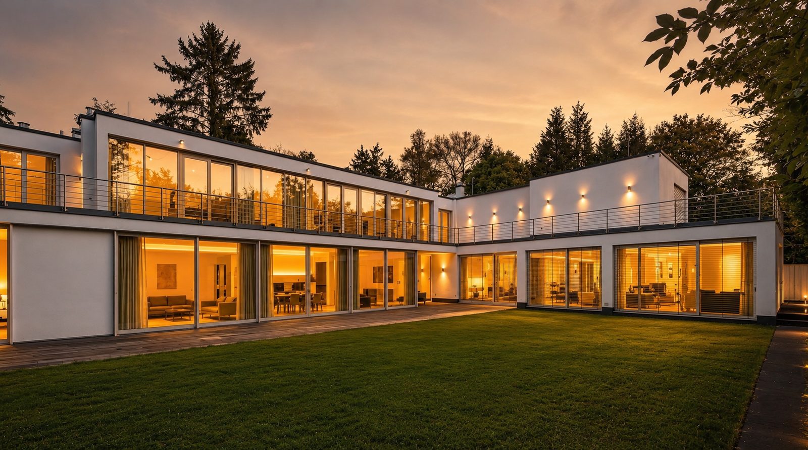 Luxusvilla in Düsseldorf zur Abendstunde mit raumhohen Glasfronten, warm beleuchteten Wohnräumen und großzügigem Gartengrundstück