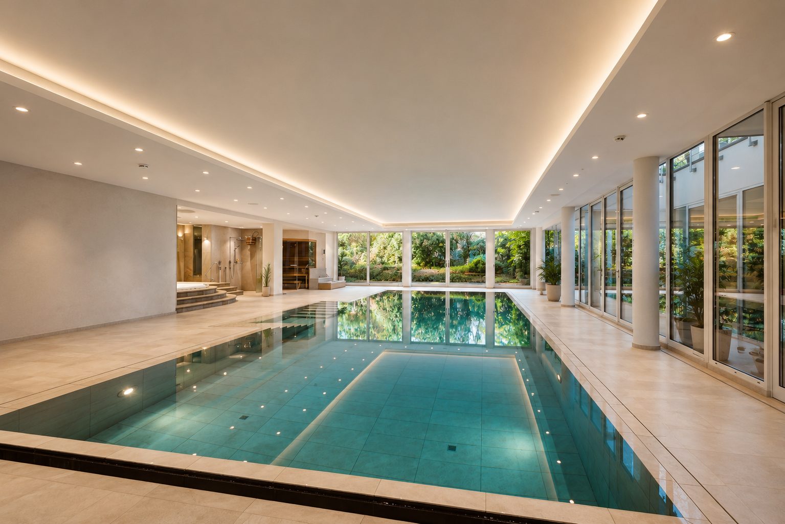 Innenpool der Villa mit Pool in Düsseldorf, raumhohe Verglasung mit Blick in den Garten