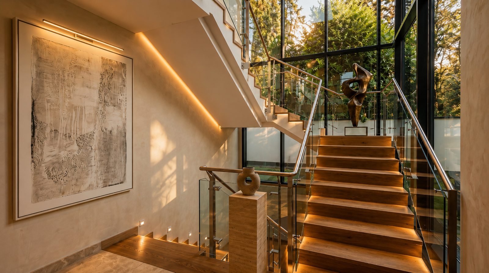 Treppenhaus der Luxusvilla in Düsseldorf mit Eichenholzstufen, Glasgeländer, indirekter Beleuchtung und Skulptur vor raumhoher Verglasung