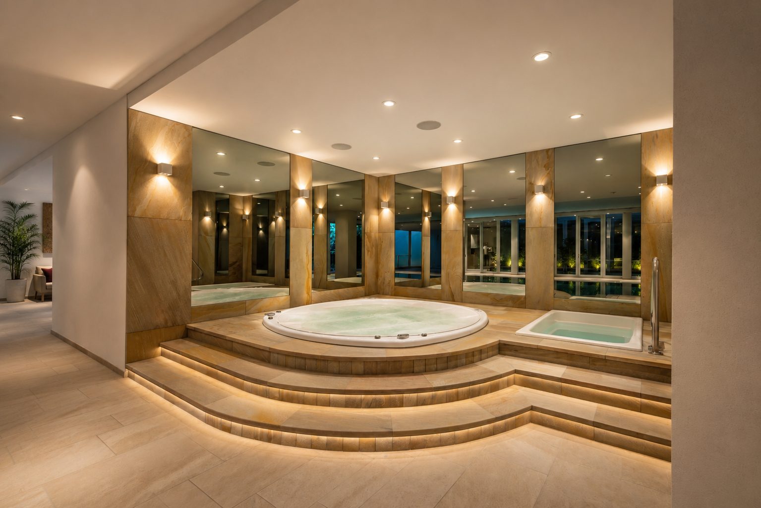 Wellnessbereich der Luxusvilla in Düsseldorf mit rundem Whirlpool in Natursteinstufen