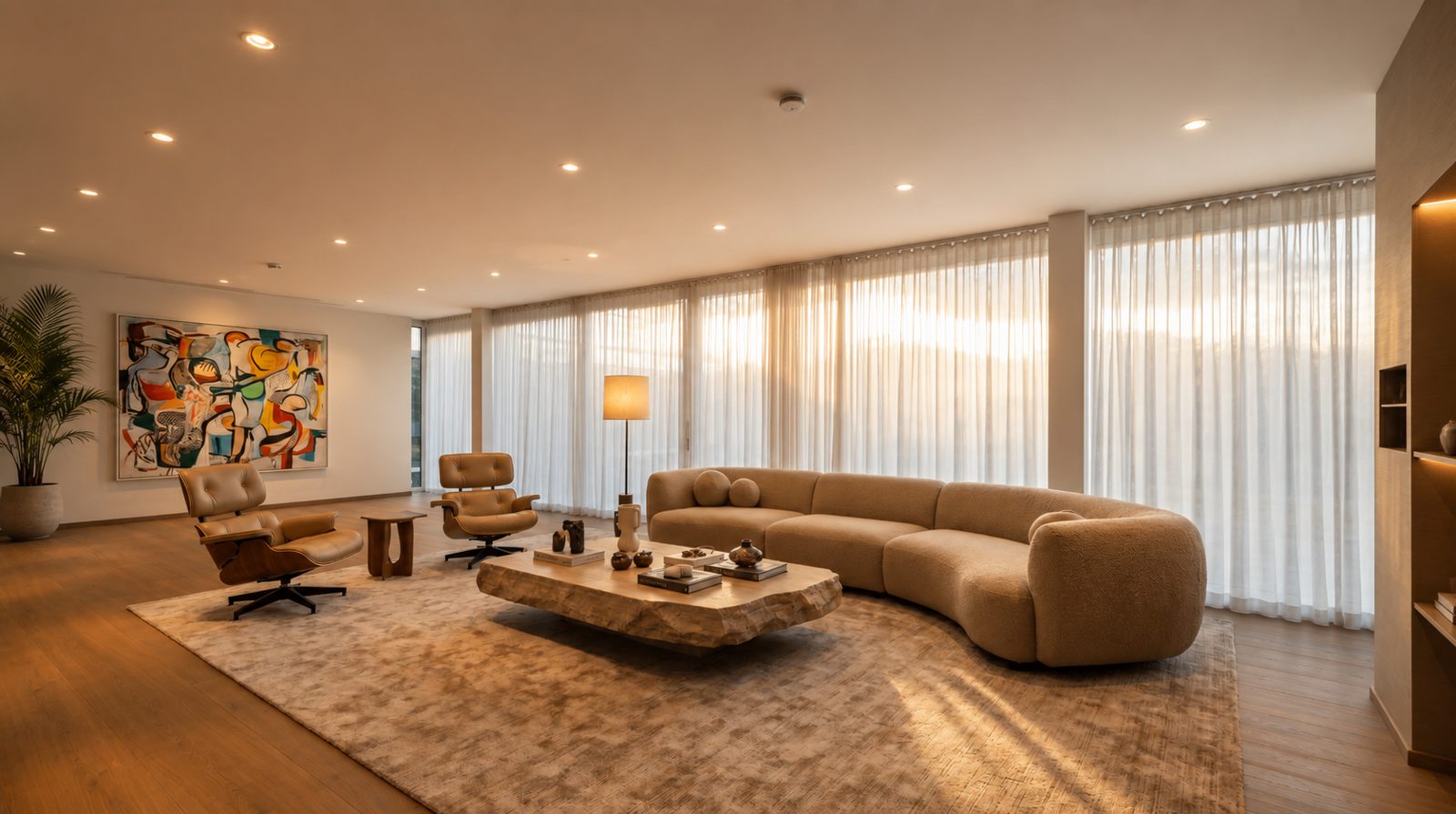 Heller Wohnbereich der Luxusimmobilie in Düsseldorf mit geschwungenem Sofa, Designer-Sesseln und großformatiger Kunst