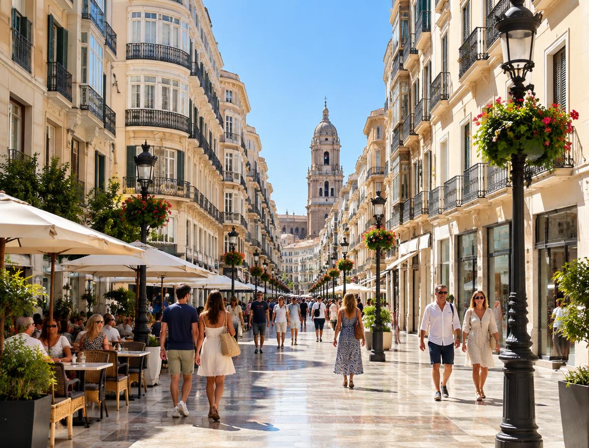 Einkaufsstraße in der Altstadt von Málaga mit Blick auf die Kathedrale
