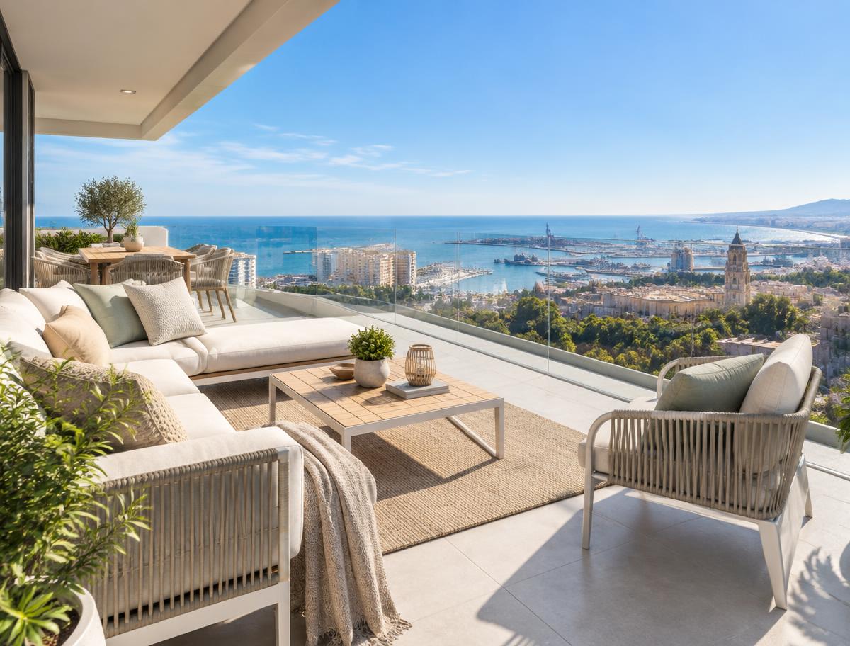 Terrasse einer Neubauwohnung mit Meerblick über Málaga
