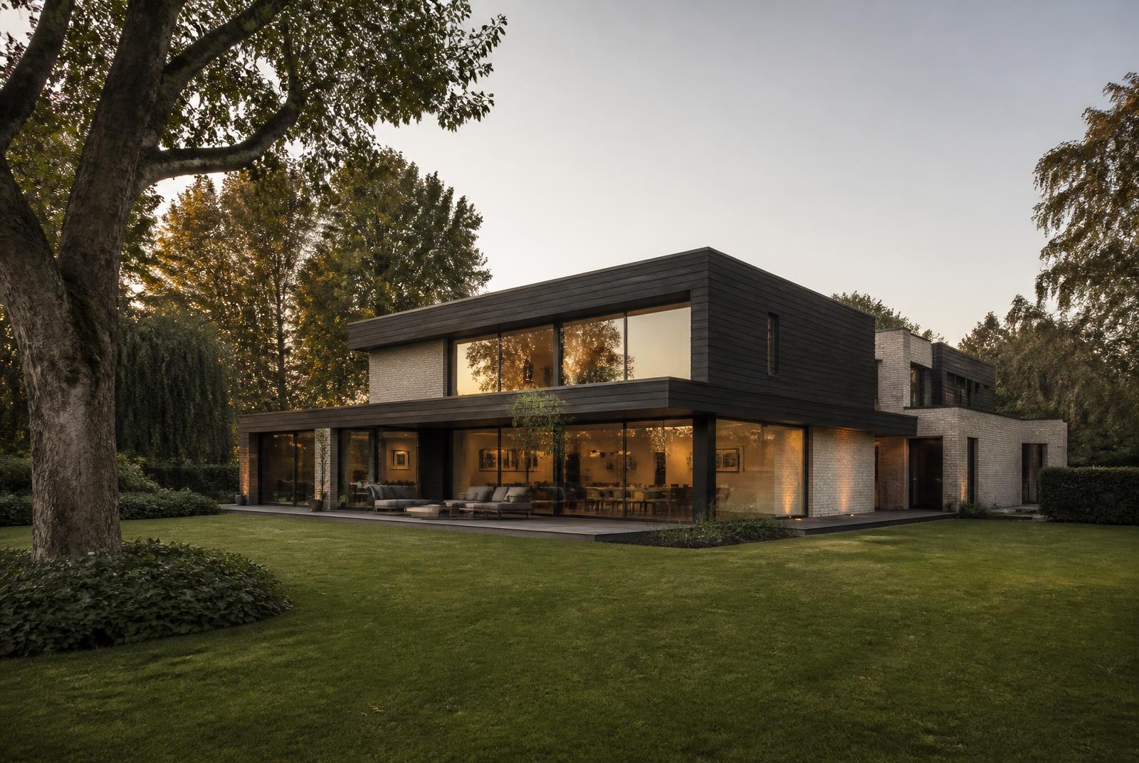 Moderne Flachdachvilla mit großer Rasenfläche und altem Baumbestand in Meerbusch-Büderich im Abendlicht