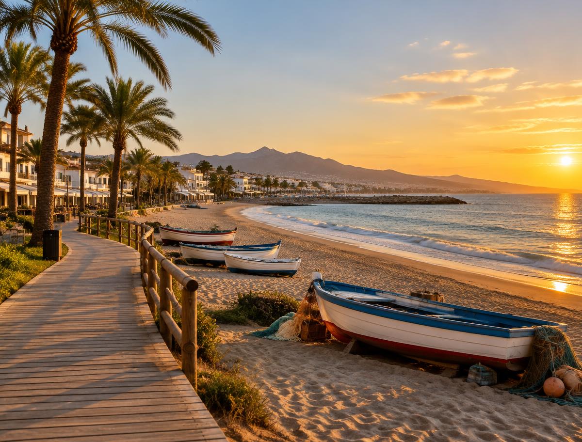 Strand von La Cala de Mijas mit Holzsteg und Fischerbooten