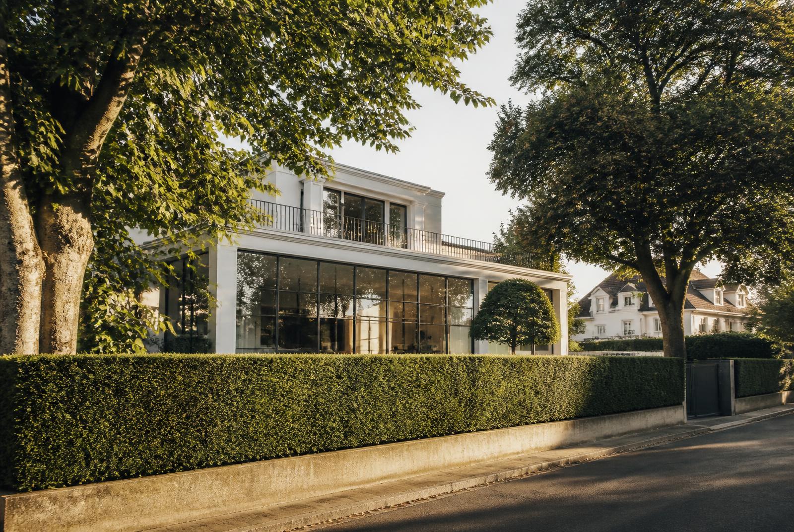 Weiße Villa mit großer Glasfront hinter geschnittener Hecke in einer ruhigen Allee in Düsseldorf-Niederkassel im Abendlicht