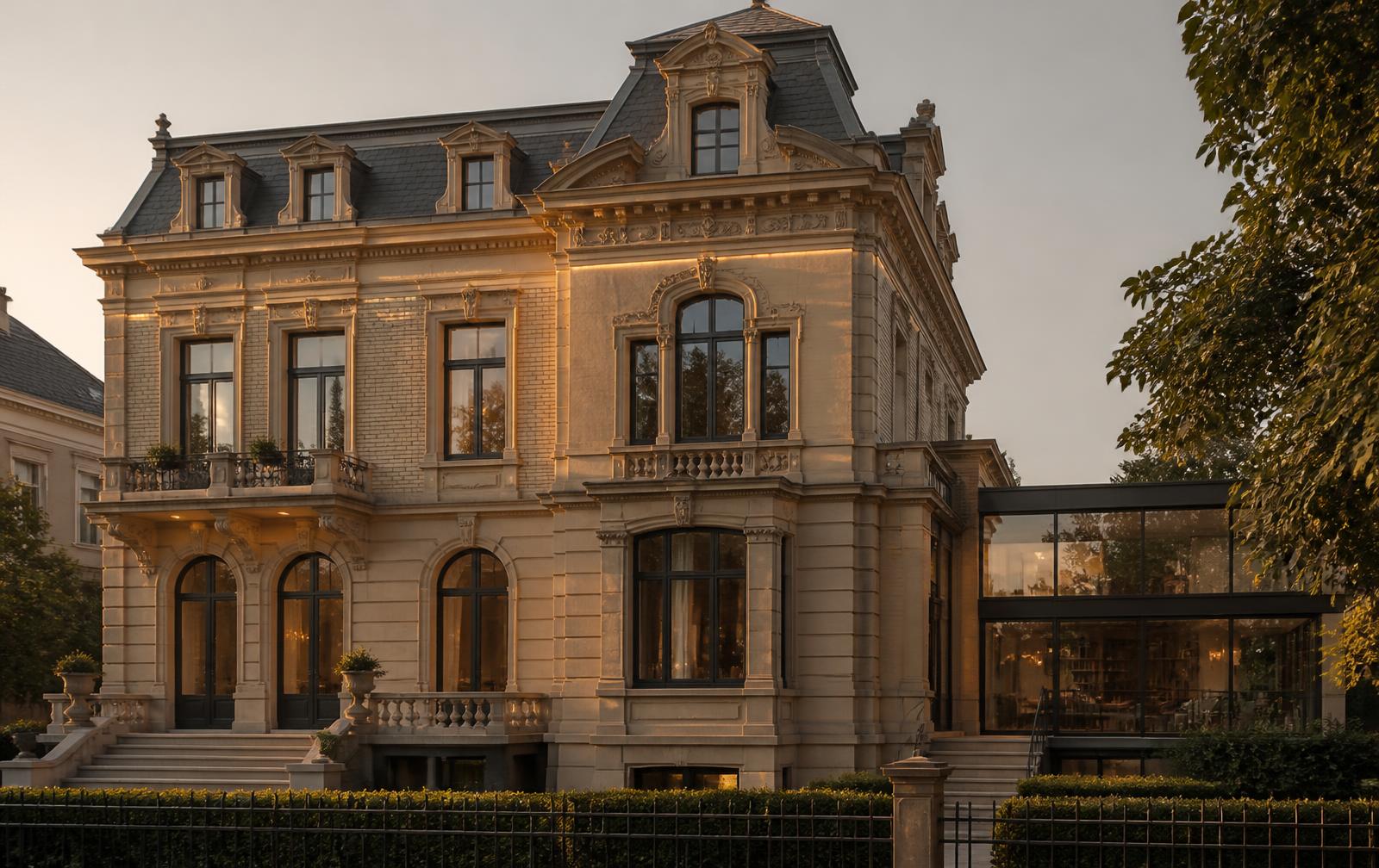 Gründerzeitvilla in Düsseldorf-Oberkassel im Abendlicht mit moderner Glasanbau-Erweiterung