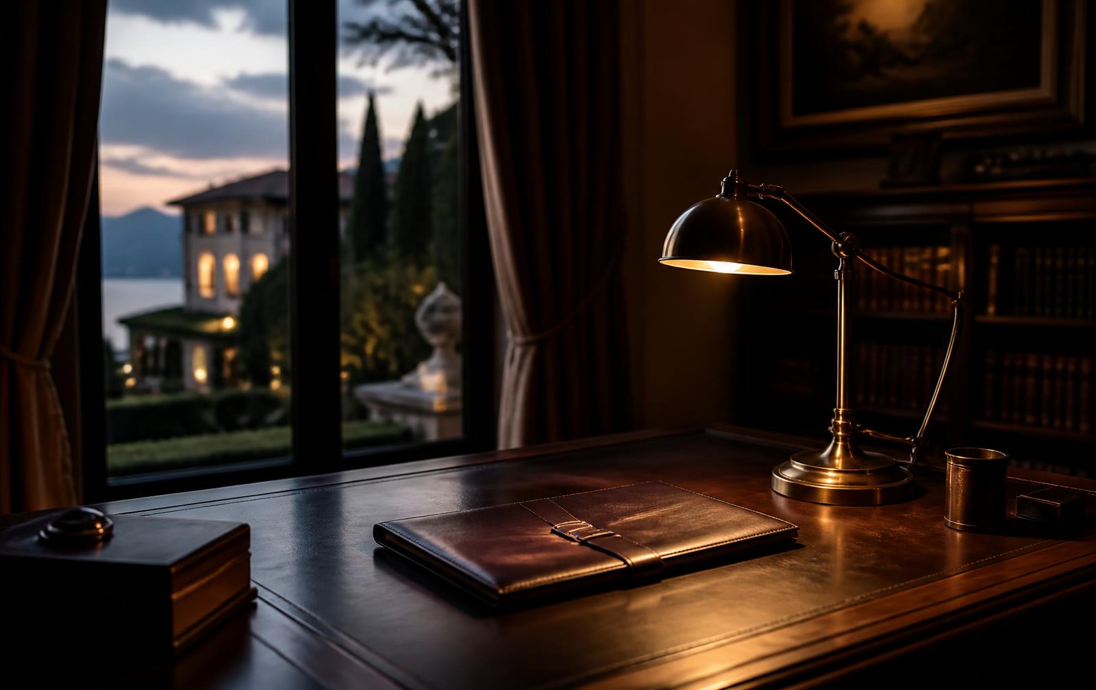 Dunkler Holzschreibtisch mit geschlossener Ledermappe und Messinglampe, im Hintergrund eine Villa im Abendlicht