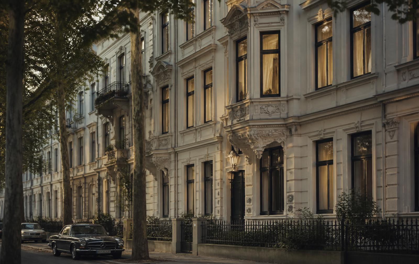Gründerzeit-Stadthäuser mit Stuckfassaden an einer baumbestandenen Straße in Düsseldorf-Pempelfort im warmen Abendlicht