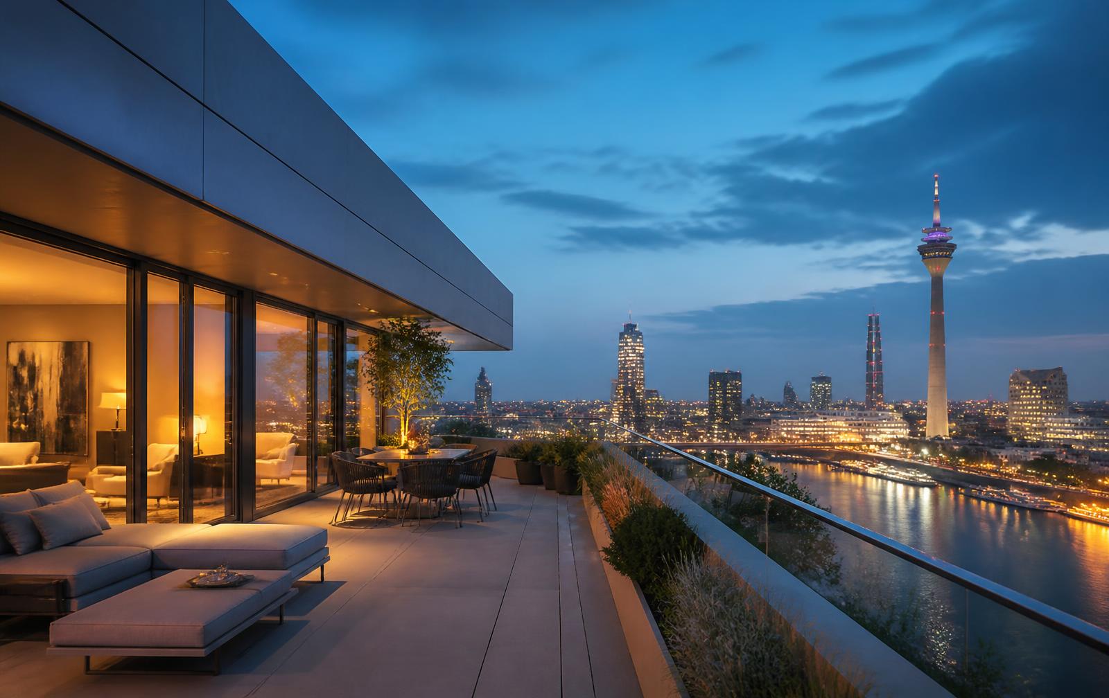 Penthouse-Terrasse über der Düsseldorfer Skyline zur blauen Stunde mit Rheinturm im Hintergrund