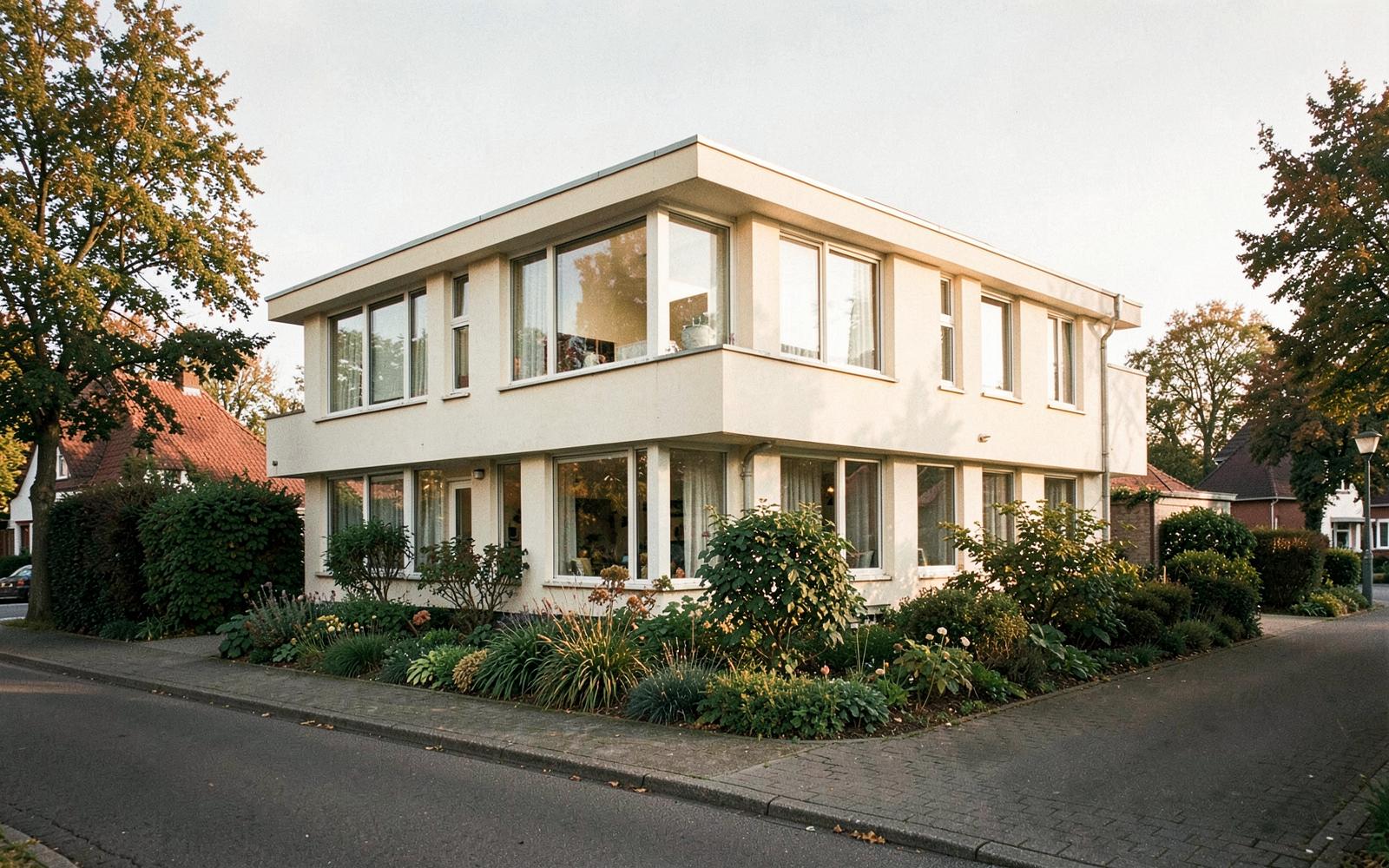 Freistehendes Wohnhaus der 1960er-Jahre mit großen Fensterbändern und gewachsenem Vorgarten in einer ruhigen Straße