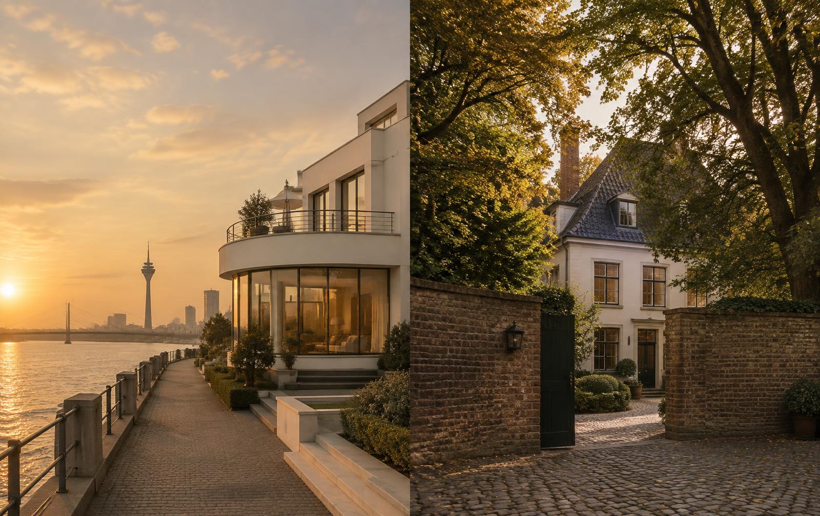 Links eine weiße moderne Villa an der Rheinpromenade mit Rheinturm im Abendlicht, rechts ein Haus hinter einer Backsteinmauer mit Hof und alten Bäumen