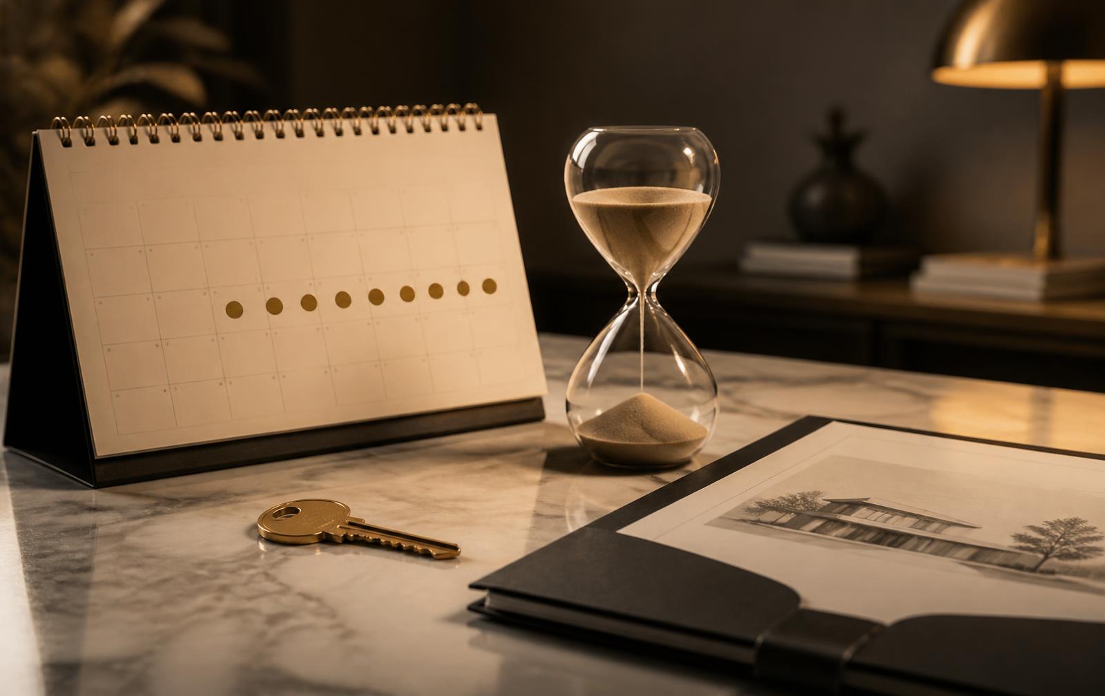 Kalender, Sanduhr und Hausschlüssel als Symbol für die Zehnjahresfrist bei Immobilienverkäufen