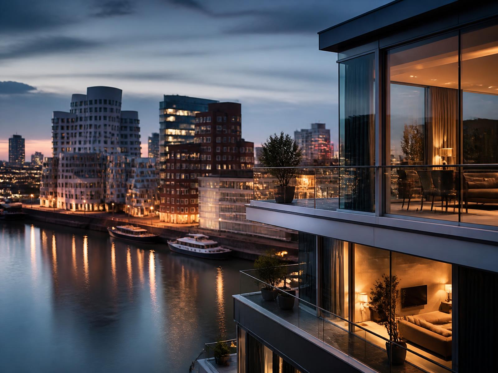 Penthouse-Terrassen mit Glasfassade und warmem Abendlicht am Medienhafen in Düsseldorf-Unterbilk, Gehry-Bauten und Hafenbecken im Hintergrund