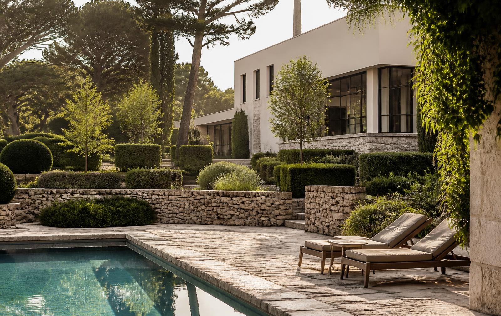 Sonniger Garten einer modernen Villa mit Natursteinterrasse, Formhecken und Pool