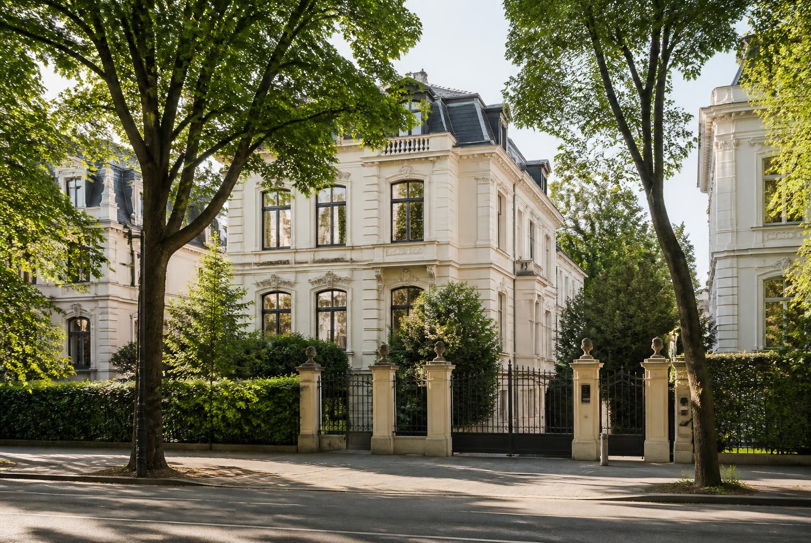 Repräsentative Gründerzeit-Stadtvilla mit Stuckfassade und schmiedeeisernem Tor an einer Allee im Düsseldorfer Zooviertel